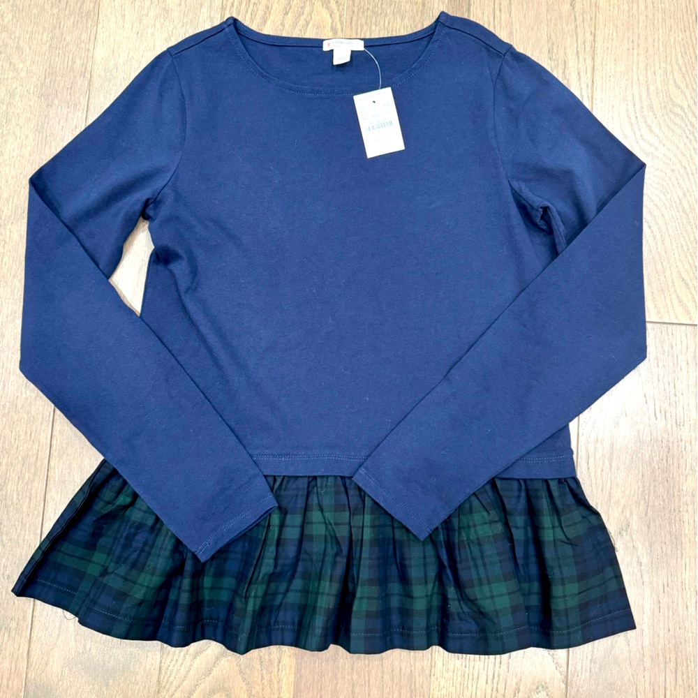 Navy Blue Kids Long Sleeve Top with Plaid Hem